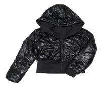 Černý prošívaný šusťákový nepromokavý pod/zimní bomber s kapucňou SHEIN