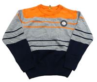 Sivo-tmavomodro-oranžový pruhovaný sveter s výšivkou