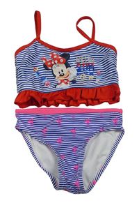 Modro-bílé pruhované dvoudílné plavky s Minnie a plameňáky