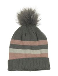 Šedo-růžovo-bílá čepice s pruhy a bambulí