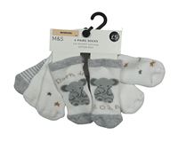 Nové - 4x ponožky - bílé se slonem + bílé s hvězdami + bílé + šedo-bílé pruhované M&S