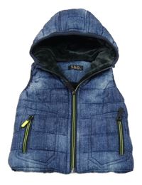 Modrá šusťáková zateplená vesta riflového vzhledu s kapucňou