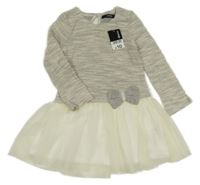 Nové - Šedo-smetanové teplákovo/tylové šaty s mašlí George