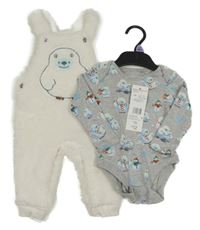 Nové - 2set - Smetanové huňaté laclové tepláky s Yettim + šedé melírované body F&F