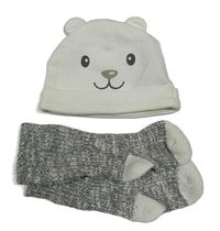 2set - Smetanová žebrovaná čepice s čumákem + šedé melírované ponožky