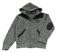 Tmavosivá melírovaná pletená prepínaci mikina s nášivkou a kapucňou