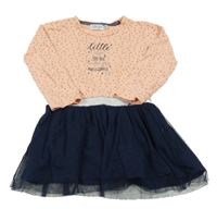 Ružovo-tmavomodré bavlněno/tylové šaty so vzorom a nápisom Dirkje