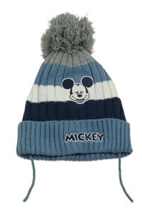 Modro-bílo-šedá pruhovaná pletená čepice s Mickeym a bambulí 