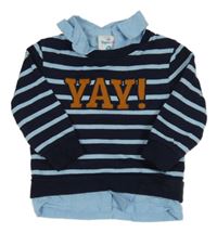 Tmavomodro-modrá pruhovaná mikina s nápisom a košeľovým golierikom Topomini