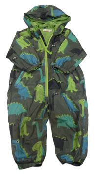 Khaki šusťáková jarní kombinéza s dinosaury a kapucí Bluezoo