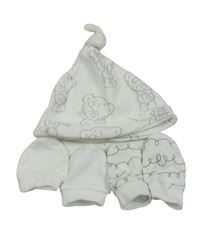 3 set - biela čapica s medvědy + bílé rukavice + bílo-černé vzorované