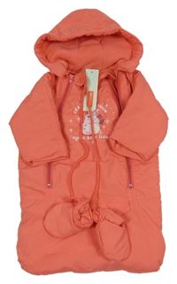 Nové - korálový šusťákový zateplený fusak s obrázkem a kapucí + rukavice 