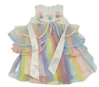 Bílo-barevné pastelové tylové slavnostní šaty s jednorožcem a páskem 