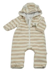Smetanovo-béžová pruhovaná fleecová zateplená kombinéza s medvědem a kapucí F&F