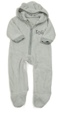 Světlešedá plyšová kombinéza s nápisem a kapucí 