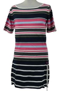 Dámské růžovo-tmavomodro-khaki pruhované pletené šaty se stahováním