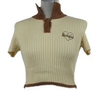 Dámské smetanovo-hnědé žebrované pletené crop tričko s límečkem Sanfu 