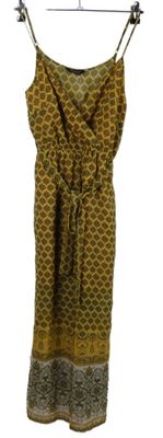 Okrovo-černý vzorovaný šifonový culottes kalhotový overal s páskem New Look 