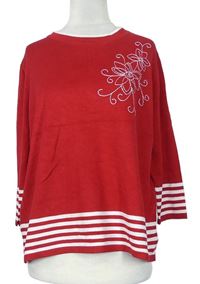 Dámsky červený sveter s výšivkou a pruhmi BM