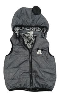 Sivo-biela melírovaná šušťáková zateplená vesta s Mickey Mousem a kapucňou H&M