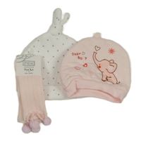 3set- 2x čepice ružová so slonem+ biela bodkovaná á + ružové ponožky