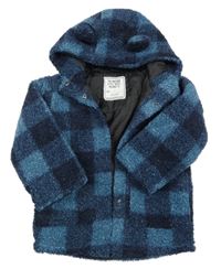 Tmavomodrá kockovaná huňatá podšitá bunda s kapucňou Matalan
