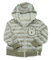 Kaki-sivo-modrá pruhovaná zamatová prepínaci mikina s medvěďom a kapucňou Kuniboo