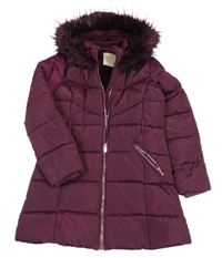 Vínový šusťákový zimní kabát s kožešinou na kapuci Matalan