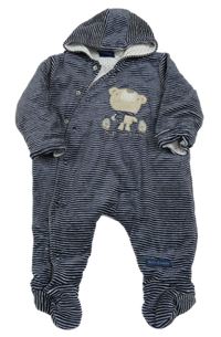 Tmavomodro-biela pruhovaná zamatová zateplená kombinéza s medvěďom a kapucňou