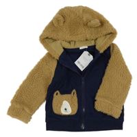 Nové - Tmavomodro-béžovo-huňatá propínací mikina s medvědem a kapucí Next