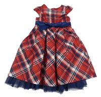 Červeno-tmavomodro-biele kockované šušťákové slávnostné šaty