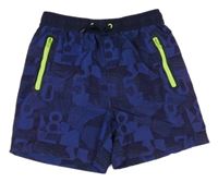 Tmavomodré vzorované šušťákové kraťasy s číslami Yigga