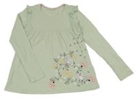 Zelenkavé tričko s volánky, listy a vtáčikom Kids