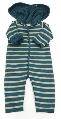 Tmavozeleno-béžová pruhovaná bavlněná zateplená kombinéza s kapucí Pigeon