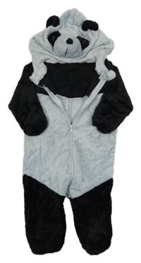 Světlemodro-čierna chlpatá kombinéza s kapucí - panda