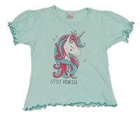 Tyrkysové tričko s jednorožcom a kroucenými lemy