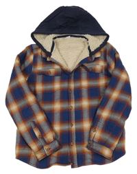 Tmavomodro-farebná kockovaná zateplená košeľová bunda s kapucňou F&F