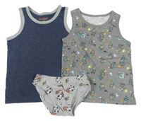 3set - Sivé slipy s míči + tmavomodrý nátělník + šedý nátělník s príšerkami
