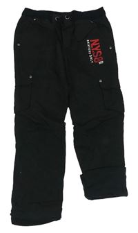 Černé cargo šusťákové podšité kalhoty s nápisem a písmenky a úpletovým pasem Y.F.K.