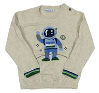 Světlebéžovo/šedý melírovaný vlnený sveter s kosmonautem mayoral