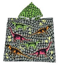 Sivo-čierna pončo osuška s dinosaurami a kapucňou