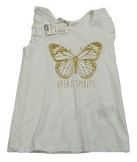 Bílý top se zlatým motýlkem a nápisem a volánky H&M