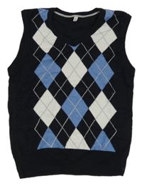 Čierno-modro-biela károvaná svetrová vesta C&A