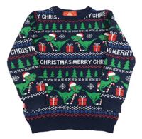 Tmavomodrý sveter s dinosaurami s vánočním motívom a stromčekmi  a darčekmi zn. PRIMARK