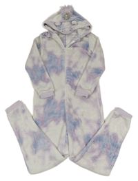 Fialovo-modro-biela batikovaná plyšová kombinéza s kapucí - jednorožec zn. Vertbaudet