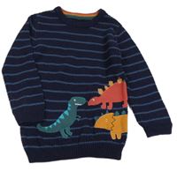 Tmavomodro-modrý pruhovaný žebrovaný svetr s dinosaury Nutmeg