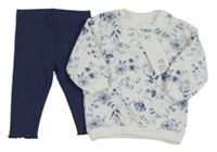 Nové - 2Set - Bílá mikina s kytičkami + tmavomodré žebrované legíny F&F