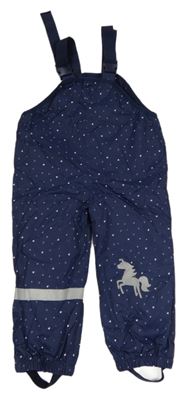 Tmavomodré šusťákové nepromokavé laclové podšité kalhoty s jednorožcem a srdíčky Topolino