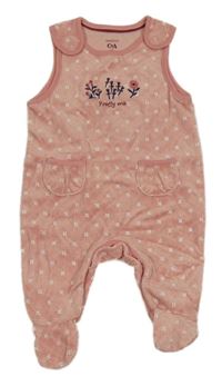 Růžové kárované sametové dupačky s kytičkami a motýlky C&A