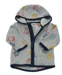 Šedo-tmavomodrá melírovaná fleecová propínací mikina s příšerkami a kapucí Smile